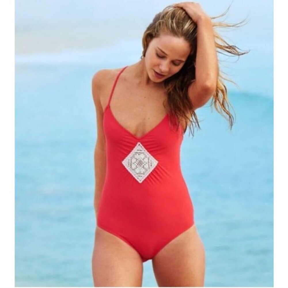 Aerie Bright Red V-Neck One Piece Bathing Suit Swimsuit Crochet Women’s Size XS